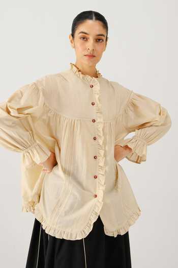 Shop_Cord_Ivory Silk, Cotton Embroidery, Ruffles Mandarin Collar Fiji Top _Online_at_Aza_Fashions