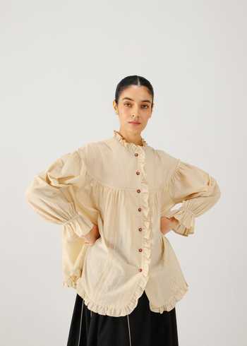 Cord_Ivory Silk, Cotton Embroidery, Ruffles Mandarin Collar Fiji Top _at_Aza_Fashions