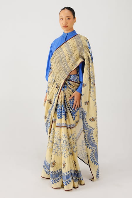 Cord_Blue Cotton, Satin Smocking, Lace Mandarin Collar Bluebell Print Saree With Top _Online_at_Aza_Fashions
