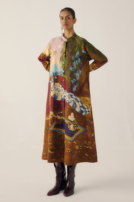 Cord A-line Lakeside Print Long Dress 