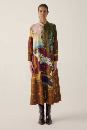 Buy_Cord_Multi Color Cotton Satin Mandarin Collar A-line Lakeside Print Long Dress _Online_at_Aza_Fashions