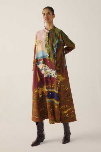 Shop_Cord_Multi Color Cotton Satin Mandarin Collar A-line Lakeside Print Long Dress _Online_at_Aza_Fashions
