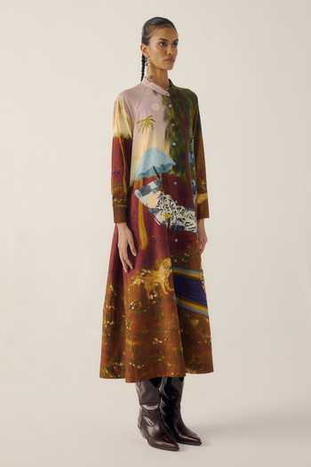 Cord_Multi Color Cotton Satin Mandarin Collar A-line Lakeside Print Long Dress _at_Aza_Fashions