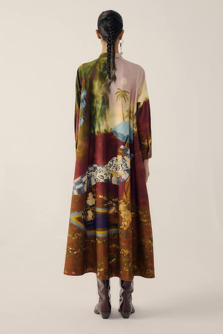 Cord A-line Lakeside Print Long Dress 