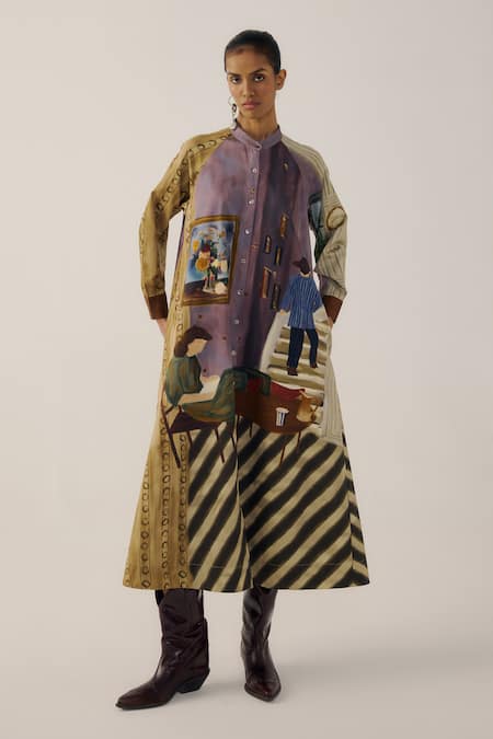 Cord A-line Living Room Print Long Dress 