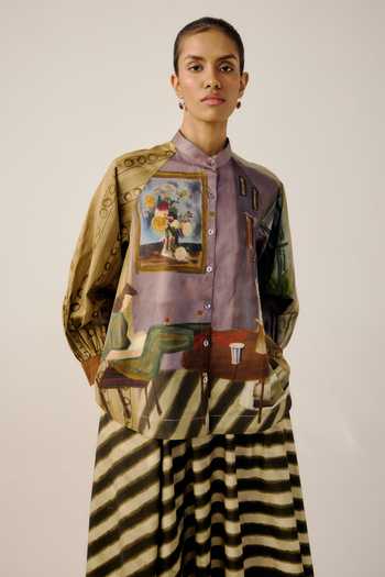 Buy_Cord_Multi Color Cotton Satin Mandarin Living Room Print A-line Shirt And Skirt Set _Online_at_Aza_Fashions