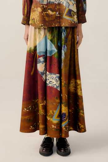 Cord_Multi Color Cotton Satin Mandarin Collar Lakeside Print A-line Shirt Skirt Set _Online_at_Aza_Fashions