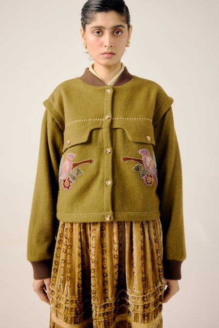 Cord_Multi Color Wool Embroidery, Applique Band Collar Bert Parrot Jacket _Online_at_Aza_Fashions
