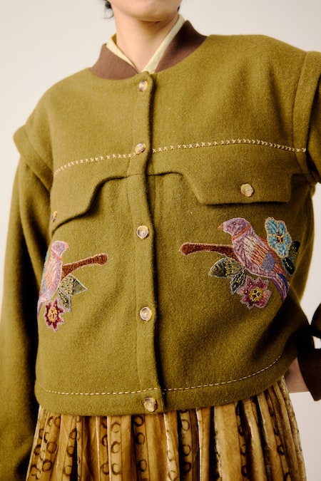 Shop_Cord_Multi Color Wool Embroidery, Applique Band Collar Bert Parrot Jacket _Online_at_Aza_Fashions