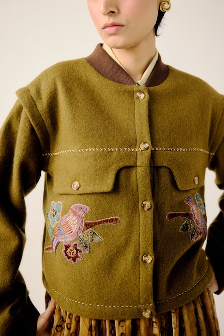 Cord_Multi Color Wool Embroidery, Applique Band Collar Bert Parrot Jacket _at_Aza_Fashions