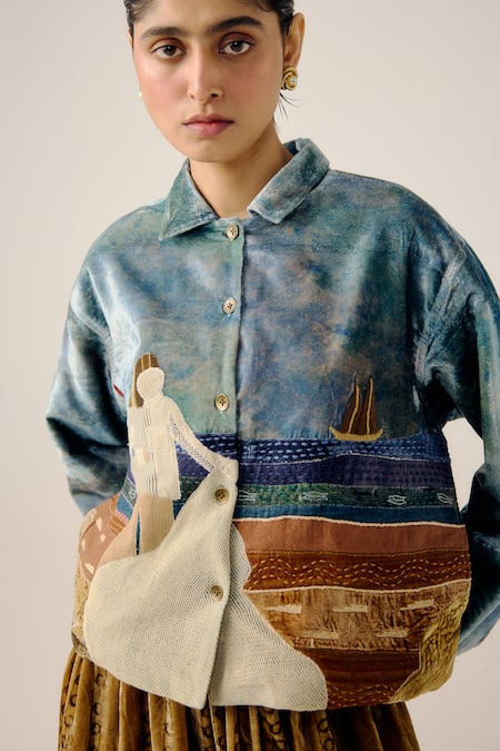 Buy_Cord_Multi Color Velvet Applique, Patchwork Collared Boxy Seashore Jacket _Online_at_Aza_Fashions