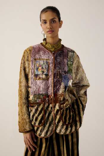 Cord Living Room Print Collarless Quilted Jacket 