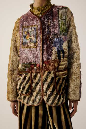 Cord_Multi Color Velvet Piping Round Neck Living Room Print Collarless Quilted Jacket _Online_at_Aza_Fashions