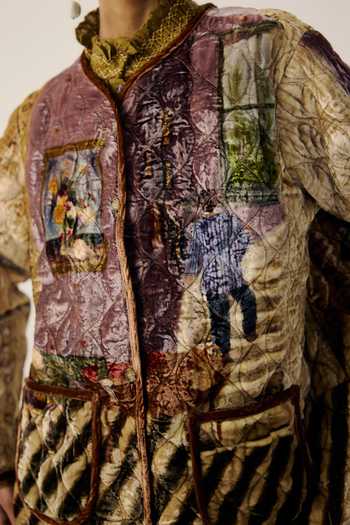 Buy_Cord_Multi Color Velvet Piping Round Neck Living Room Print Collarless Quilted Jacket _Online_at_Aza_Fashions