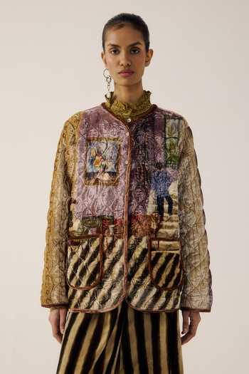 Cord Living Room Print Collarless Quilted Jacket 