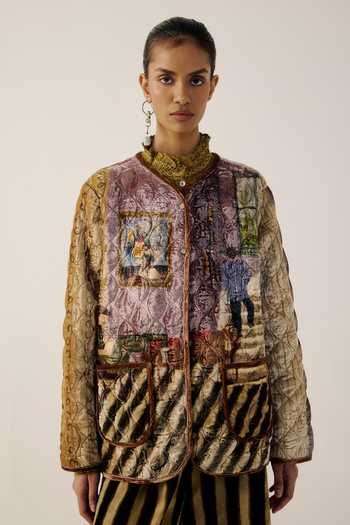 Shop_Cord_Multi Color Velvet Piping Round Neck Living Room Print Collarless Quilted Jacket _Online_at_Aza_Fashions