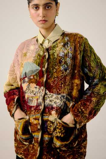 Cord_Multi Color Velvet Piping Lakeside Print Collarless Quilted Jacket _Online_at_Aza_Fashions