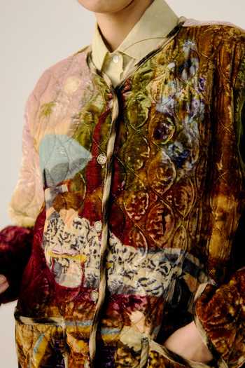 Buy_Cord_Multi Color Velvet Piping Lakeside Print Collarless Quilted Jacket _Online_at_Aza_Fashions