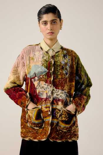 Cord Lakeside Print Collarless Quilted Jacket 