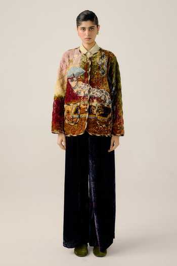 Cord Lakeside Print Collarless Quilted Jacket 