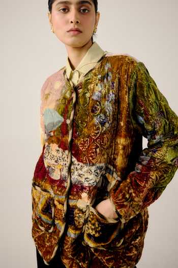 Shop_Cord_Multi Color Velvet Piping Lakeside Print Collarless Quilted Jacket _Online_at_Aza_Fashions