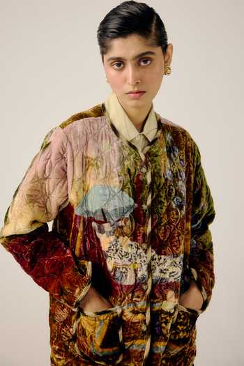 Cord_Multi Color Velvet Piping Lakeside Print Collarless Quilted Jacket _at_Aza_Fashions