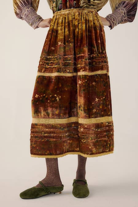 Cord Multi Color Velvet Emily Rust Land Print Skirt Online at Aza Fashions Cord_Multi Color Velvet Emily Rust Land Print Skirt _Online_at_Aza_Fashions