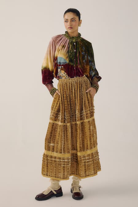 Cord Emily Mustard Striped Velvet Skirt 