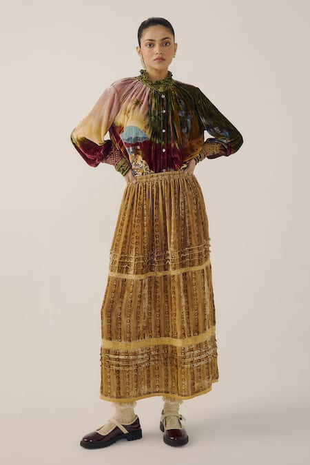 Cord Emily Mustard Striped Velvet Skirt 