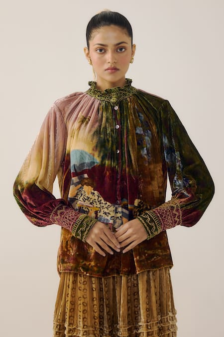 Shop_Cord_Multi Color Velvet Smocking High Neck Farmer Lakeside Print Top _Online_at_Aza_Fashions