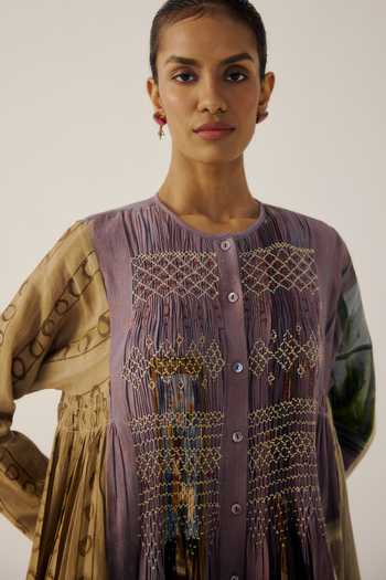 Shop_Cord_Multi Color Cotton Smocking Round Neck Frida Living Room Print Dress _Online_at_Aza_Fashions