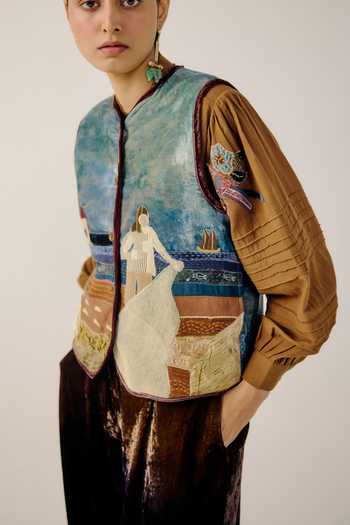 Cord_Multi Color Velvet Round Neck Seashore Applique Work Vest _Online_at_Aza_Fashions