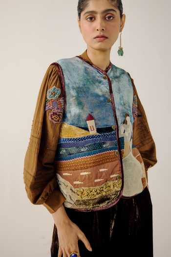 Buy_Cord_Multi Color Velvet Round Neck Seashore Applique Work Vest _Online_at_Aza_Fashions
