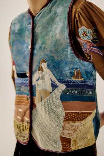 Cord_Multi Color Velvet Round Neck Seashore Applique Work Vest _at_Aza_Fashions