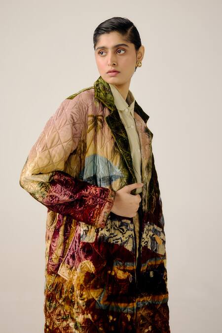 Cord_Multi Color Velvet Collared Norma Lakeside Print Jacket _Online_at_Aza_Fashions