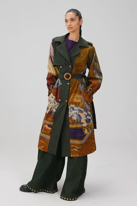 Cord_Multi Color Denim, Twill Notched Neck Lakeside Print Trench Jacket _Online_at_Aza_Fashions