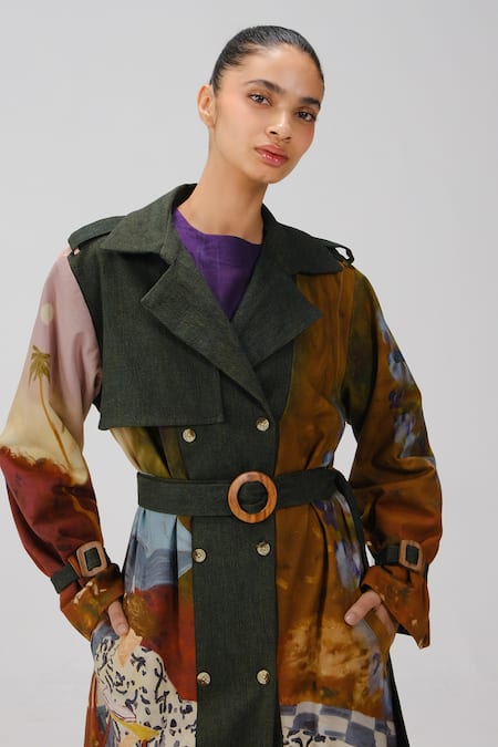 Buy_Cord_Multi Color Denim, Twill Notched Neck Lakeside Print Trench Jacket _Online_at_Aza_Fashions