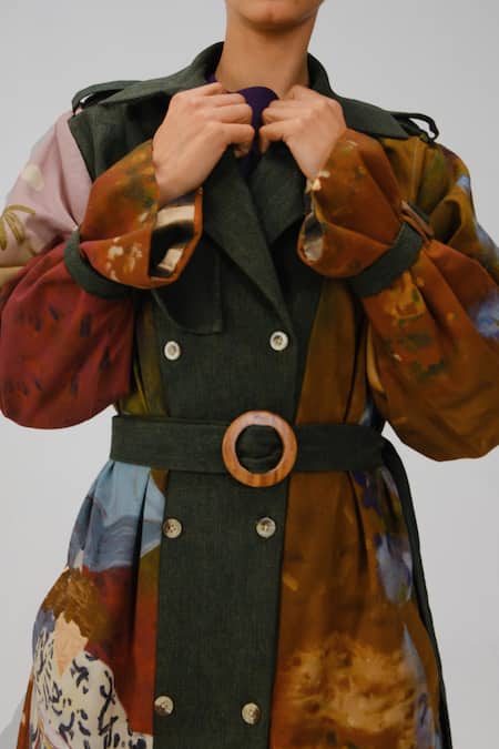 Shop_Cord_Multi Color Denim, Twill Notched Neck Lakeside Print Trench Jacket _Online_at_Aza_Fashions