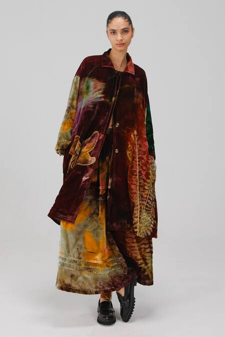 Cord_Multi Color Velvet Embroidery, Applique Seoul X-ray Print Overcoat _at_Aza_Fashions