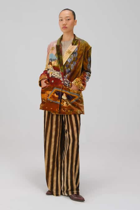 Cord_Multi Color Velvet Lakeside Print Oversized Blazer And Pant Set _Online_at_Aza_Fashions