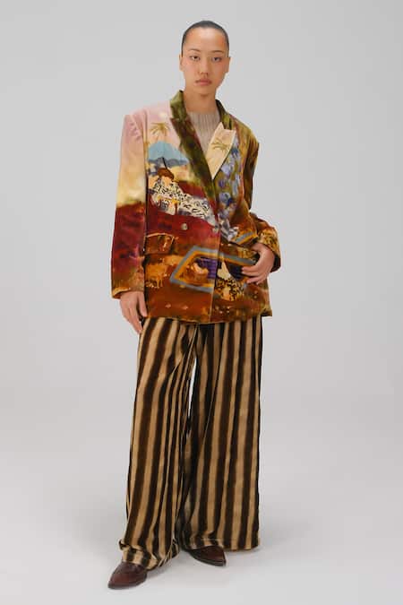 Buy_Cord_Multi Color Velvet Lakeside Print Oversized Blazer And Pant Set _Online_at_Aza_Fashions