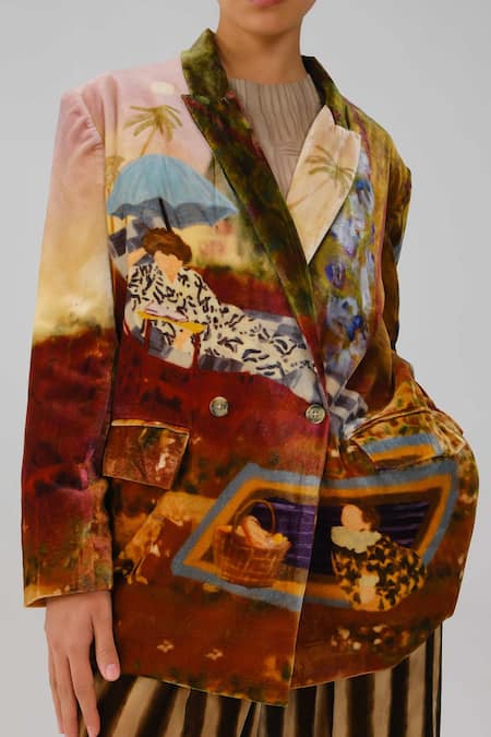 Cord_Multi Color Velvet Lakeside Print Oversized Blazer _Online_at_Aza_Fashions