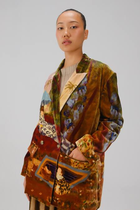 Buy_Cord_Multi Color Velvet Lakeside Print Oversized Blazer _Online_at_Aza_Fashions