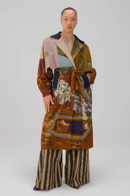Cord_Multi Color Twill Notched Neck Rome Lakeside Print Jacket _Online_at_Aza_Fashions