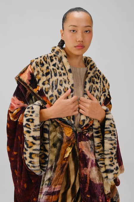 Cord_Multi Color Velvet, Fur Gatsby High Tea Print Coat _at_Aza_Fashions