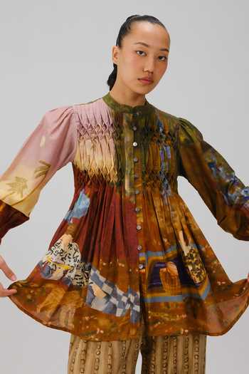 Cord_Multi Color Silk, Cotton Smocking, Beads Band Collar Leni Lakeside Print Top _Online_at_Aza_Fashions