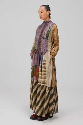 Cord_Multi Color Cotton Smocking High Neck June Living Room Print Dress _Online_at_Aza_Fashions