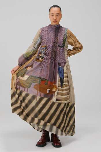 Shop_Cord_Multi Color Cotton Smocking High Neck June Living Room Print Dress _Online_at_Aza_Fashions