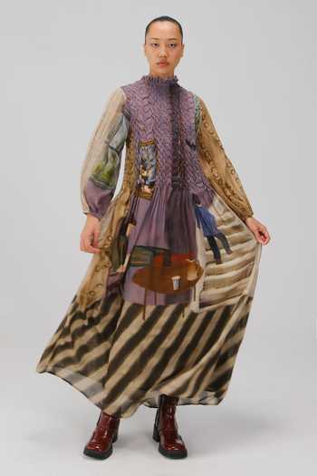 Cord_Multi Color Cotton Smocking High Neck June Living Room Print Dress _at_Aza_Fashions