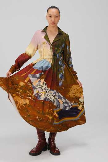 Cord_Multi Color Cotton Satin Collared Lakeside Print Shirt Dress _at_Aza_Fashions